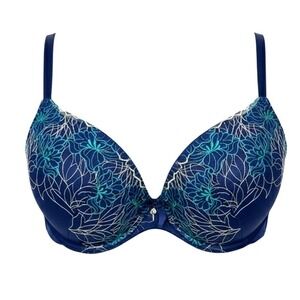 Cacique Balconette Bra 40DD Floral Lace Underwire Blue Green Embroidered Lined